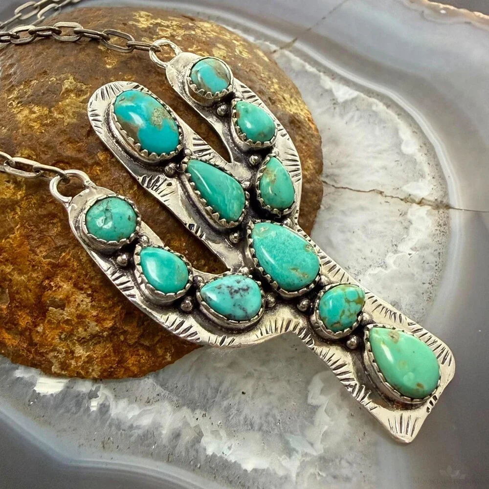 Sterling Southwestern Style Kingman Turquoise Cactus Pendant 22.5